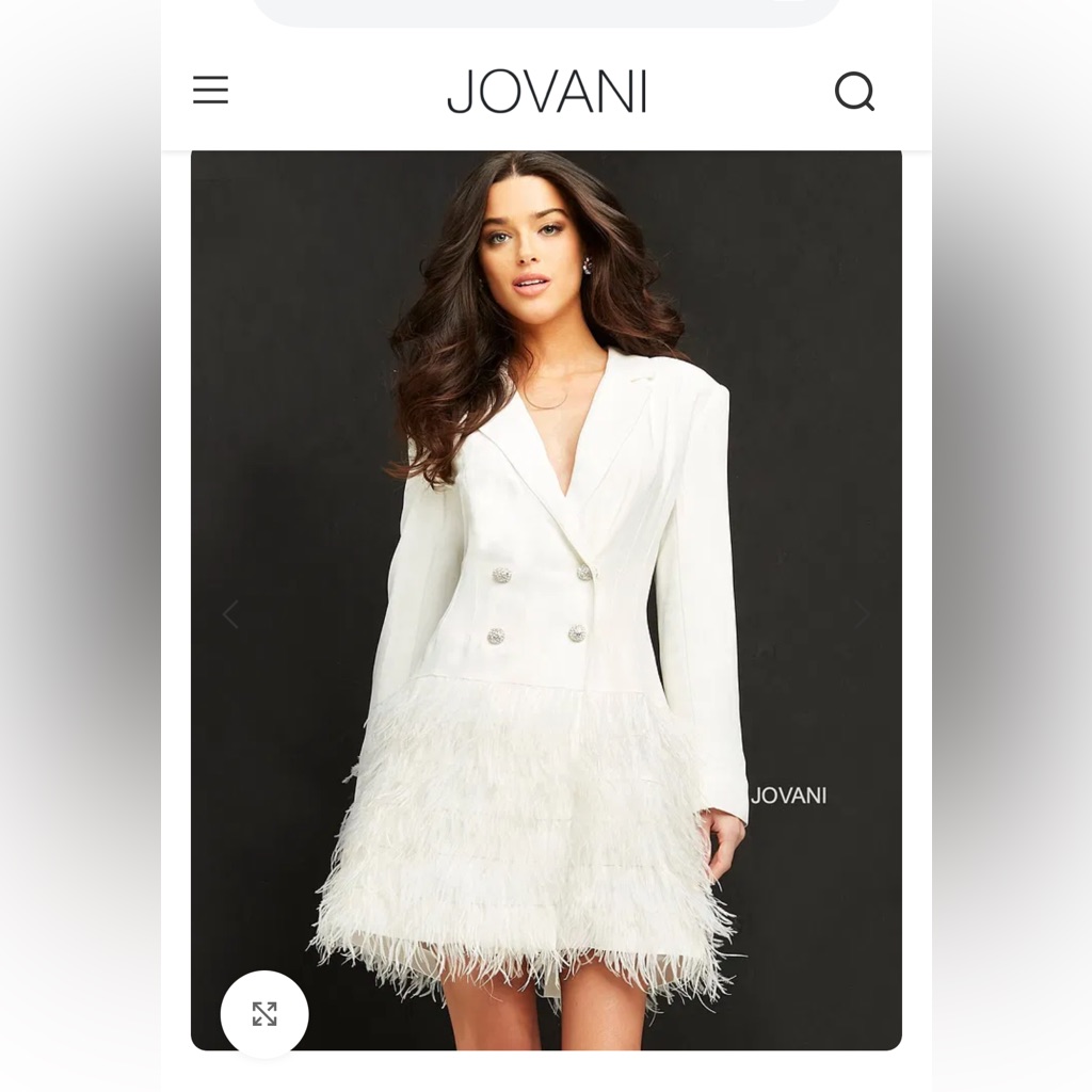 Elegant Jovani Cream Double-Breasted Blazer Dress With Feather Trim